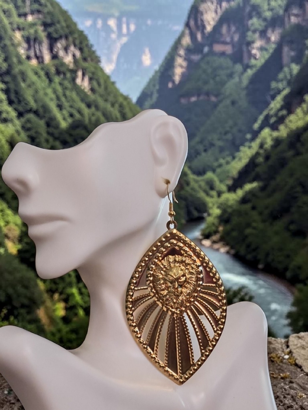 Gold Lion Medallion Drop Earrings